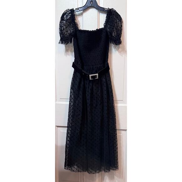 NWT Rebecca Vallance Black Sheer Tulle Belted Bodysuit Midi Tiffani Dress Size 8 - Picture 3 of 16